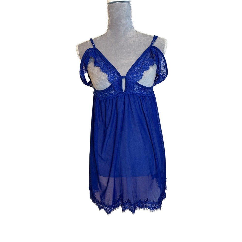 NWOT Royal Blue One Piece Nightie Lingerie Teddy Sexy Sz MED Open‎ Cups Ababoon